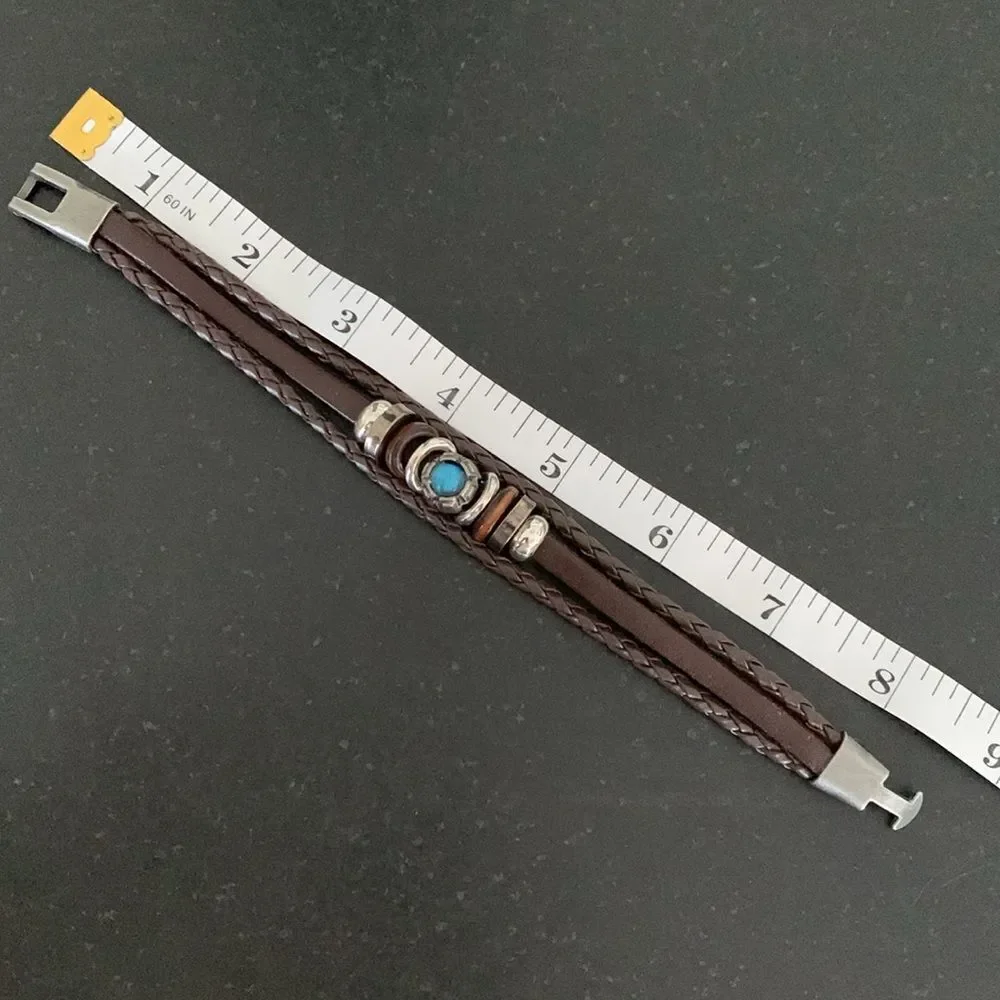 Brown Ibiza Vegan Leather Multi-Strand Cuff Bracelet Turquoise Accent
